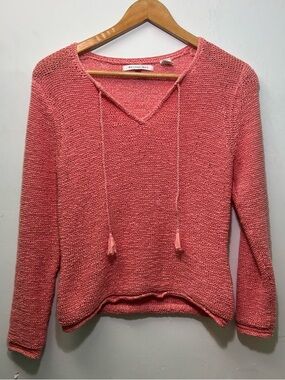 Striped Coral Knit V-Neck Pullover with Tassel Tie